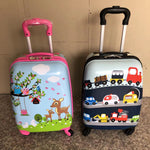 Kids cartoon hardshell trolley suitcase and matching egg shaped backpack set standing side by side