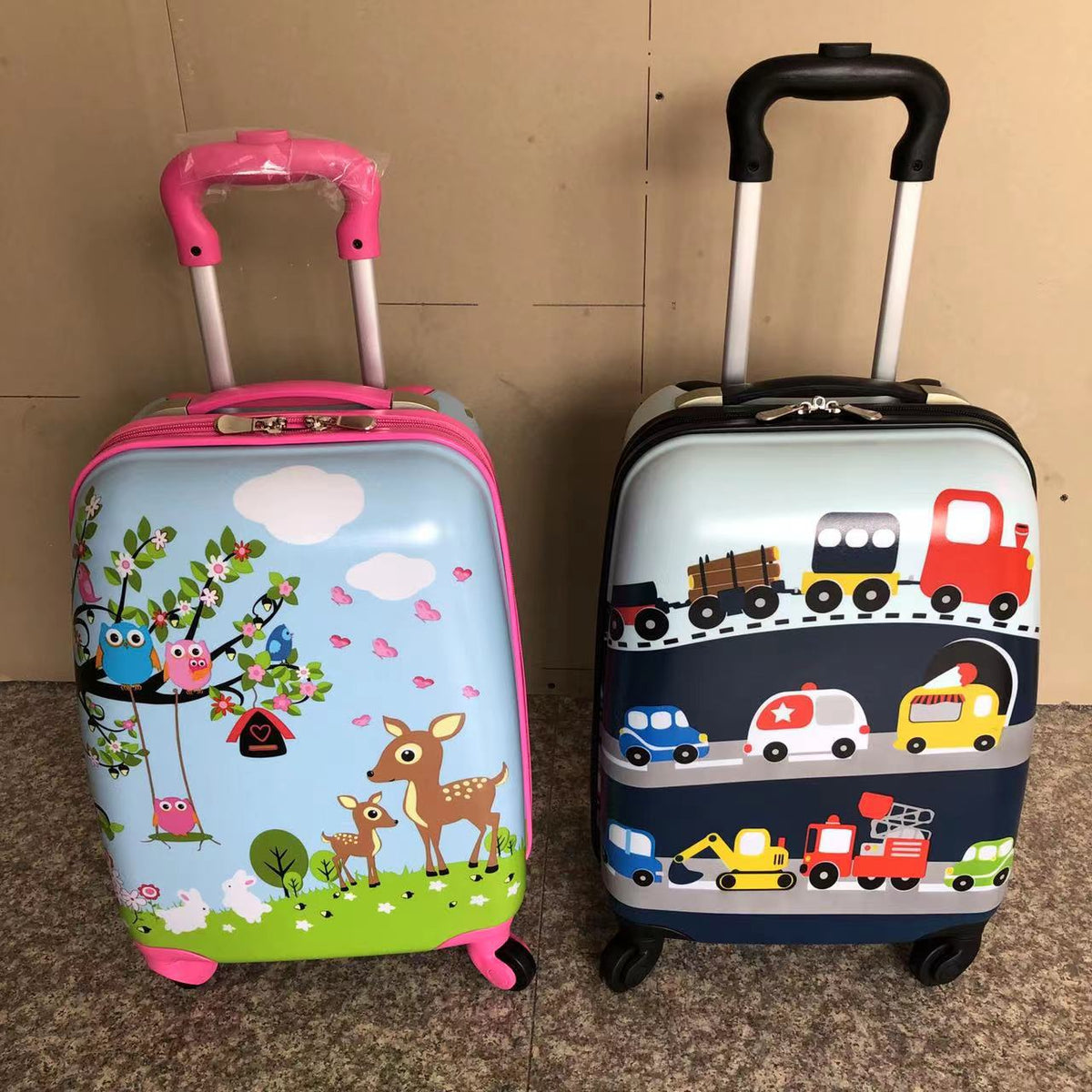 Kids cartoon hardshell trolley suitcase and matching egg shaped backpack set standing side by side