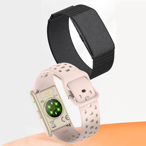 Black screenless smart bracelet with a woven strap shown beside a spare perforated silicone strap