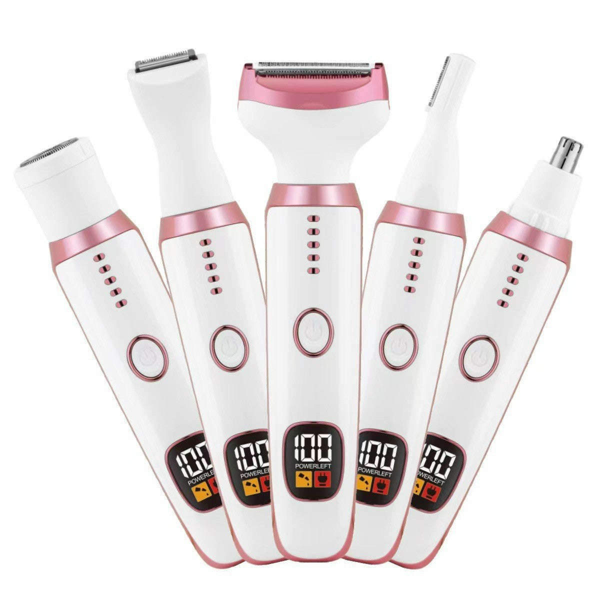 White grooming kit tools in a row, each showing a digital battery display