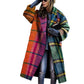 Multicolor plaid long coat with notch lapel on a white background, orange, magenta, green and yellow checks