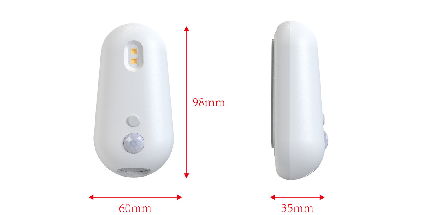 Front and side views of the white sensor lamp with measurements, 60 mm across, 35 mm deep and 98 mm tall