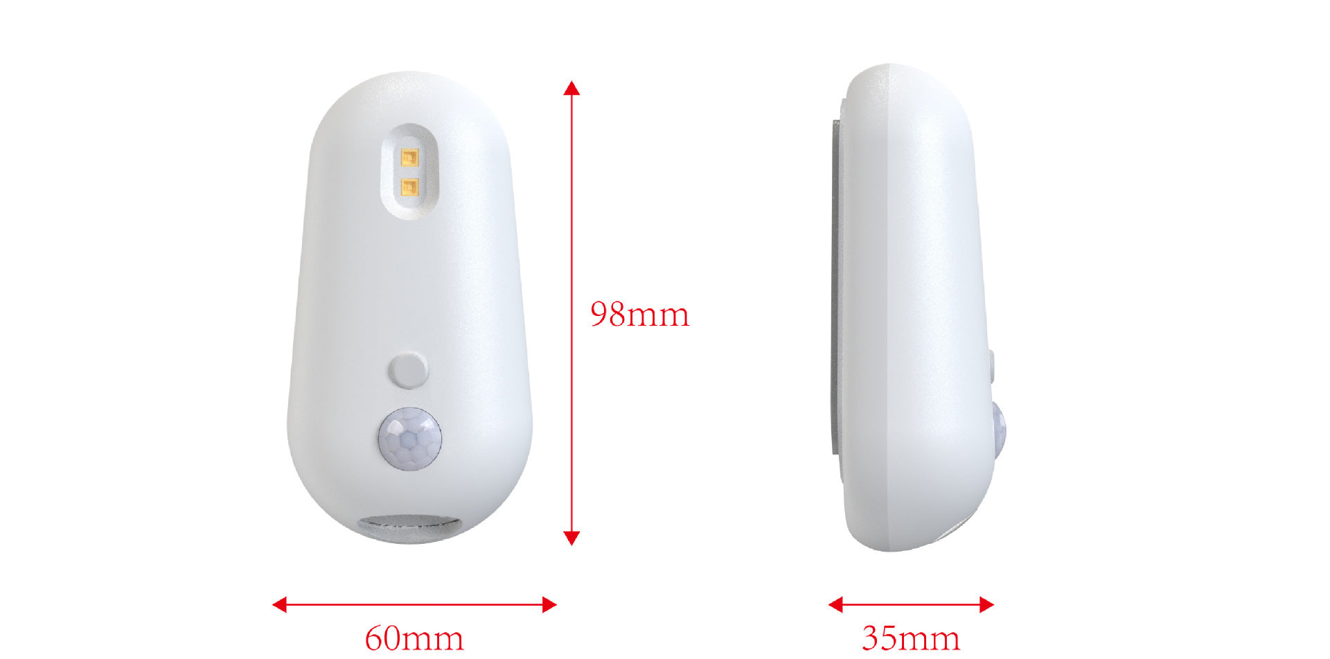 Front and side views of the white sensor lamp with measurements, 60 mm across, 35 mm deep and 98 mm tall