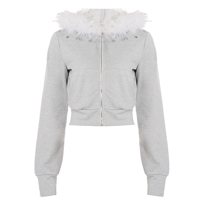 Flat lay of the light gray fur hooded cropped zip jacket with white plush trim on a white background