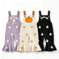 Lavender Purple, Cream and Black flared overalls shown together, each with its own Halloween embroidery