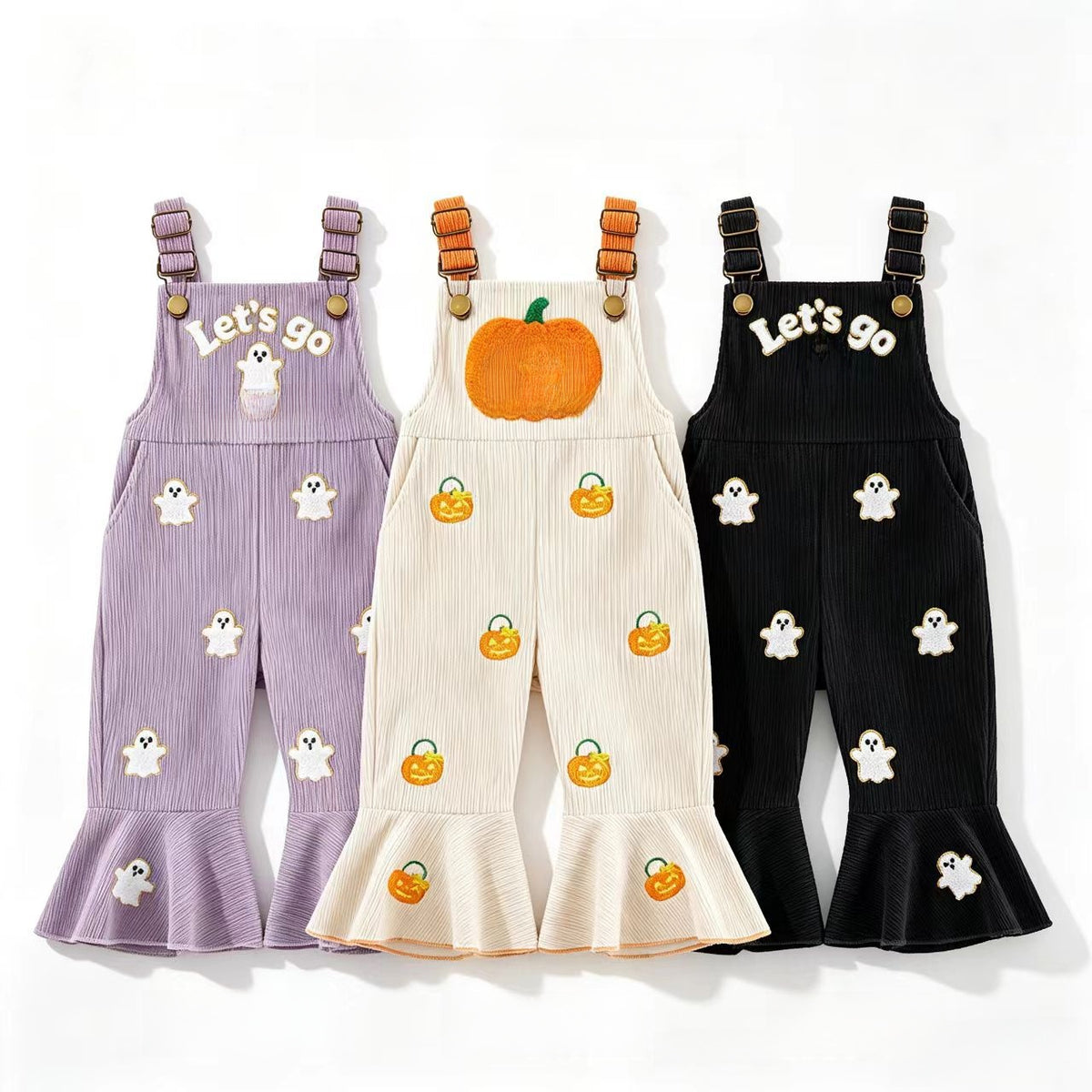 Lavender Purple, Cream and Black flared overalls shown together, each with its own Halloween embroidery