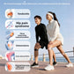 Man and woman in sportswear stretching outdoors wearing knee straps, beside a list of knee conditions on a supplier panel