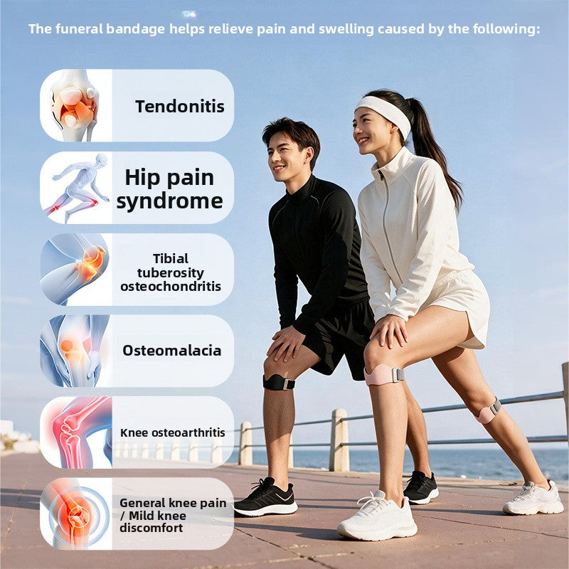 Man and woman in sportswear stretching outdoors wearing knee straps, beside a list of knee conditions on a supplier panel