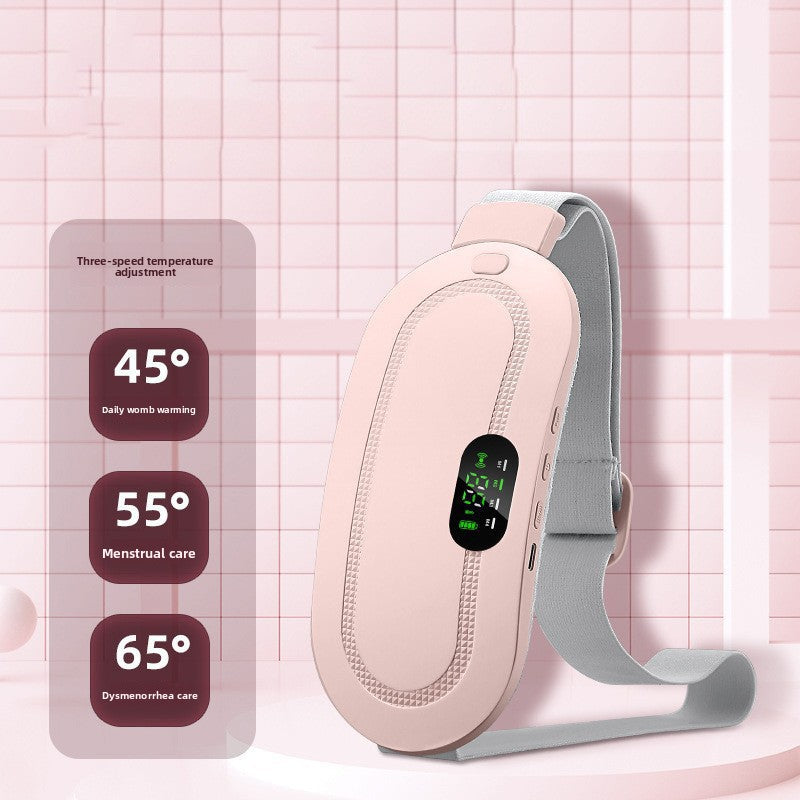 Pink heating belt with a graphic marking three onboard heat levels set by one button