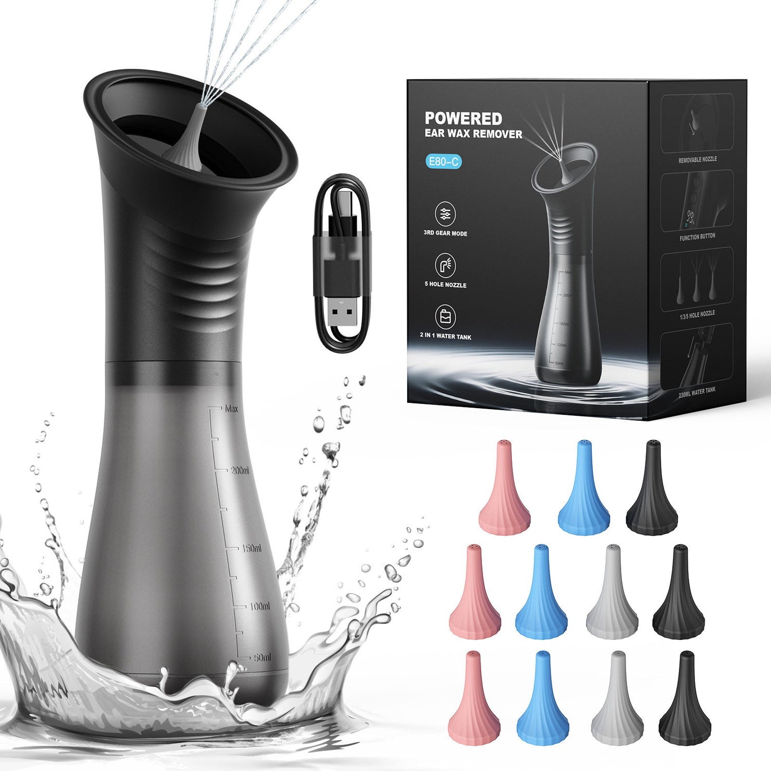 Black funnel ear wash cleaner with pink blue and grey soft nozzle tips beside its retail box