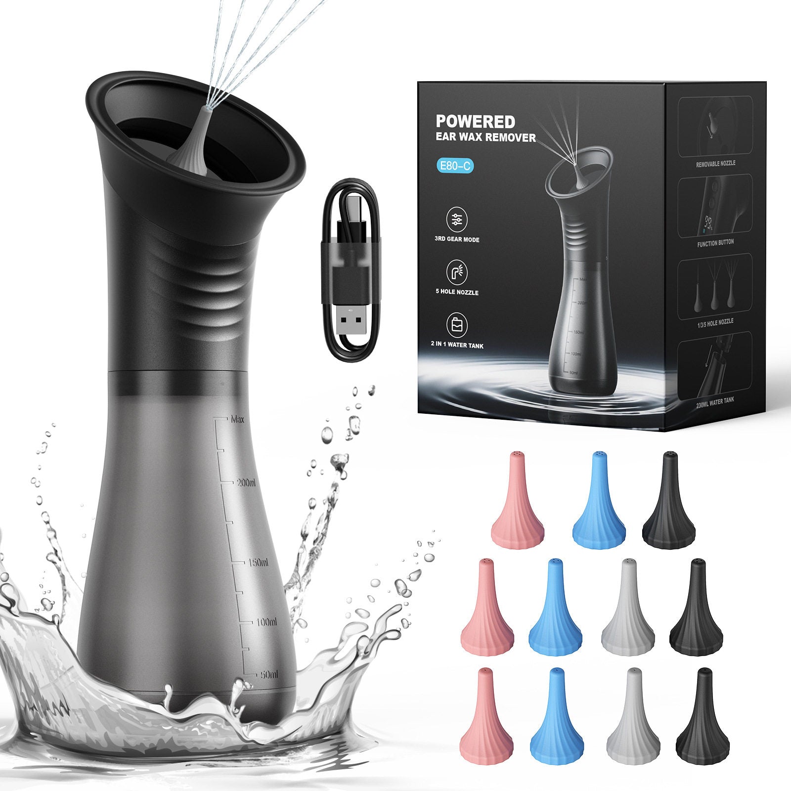 Black funnel ear wash cleaner with pink blue and grey soft nozzle tips beside its retail box