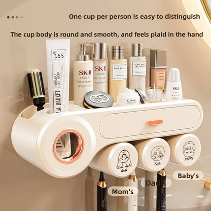 Wall mounted toothbrush rack with four labelled cups and top shelf storage