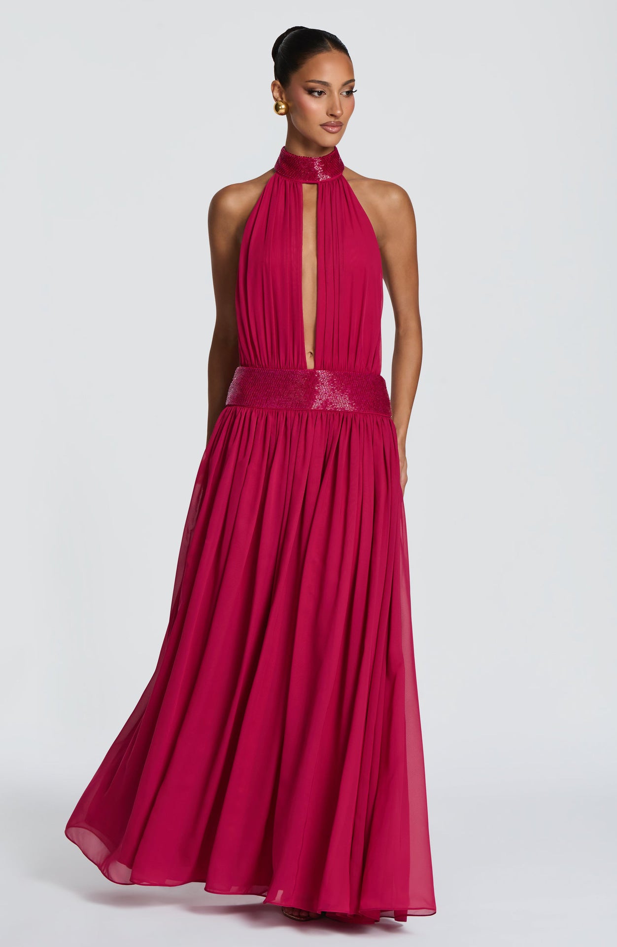 Backless halter chiffon maxi gown with sequin collar, front view with the sequin halter collar and deep plunge