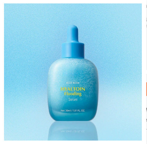 Serum bottle placed inside a bathroom shelf beside a cleanser and toner