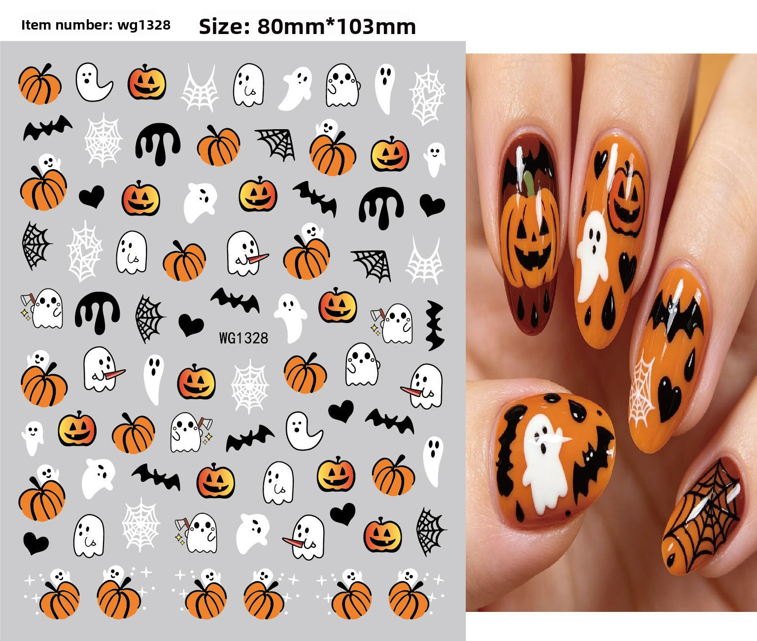 Halloween nail sticker sheet packed with jack o lantern and ghost motifs