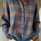 Blue option photo of a slate blue knit cardigan with an orange plaid check, shirt collar, size S
