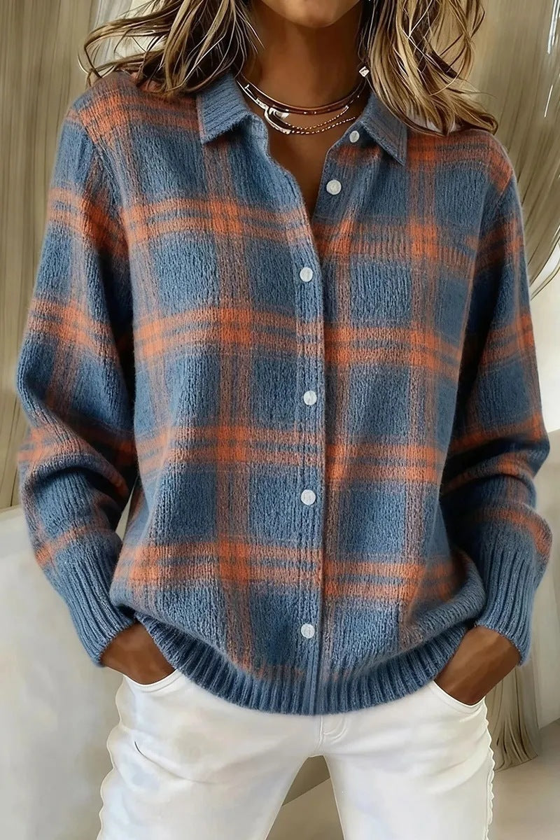 Blue option photo of a slate blue knit cardigan with an orange plaid check, shirt collar, size S