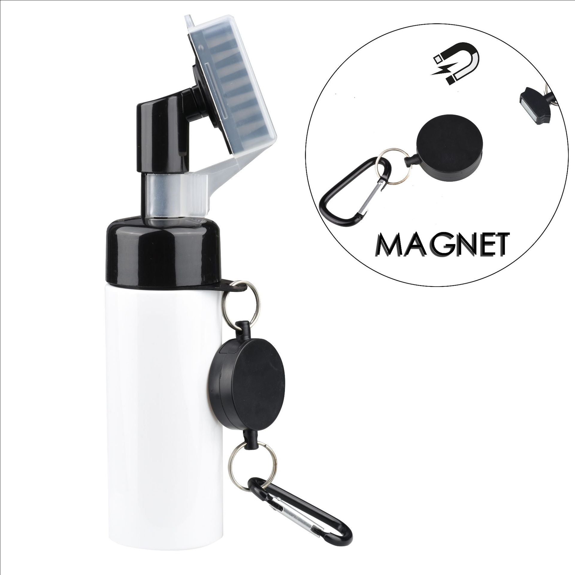 Press spray golf cleaner bottle with a stiff brush head and a carabiner bag clip