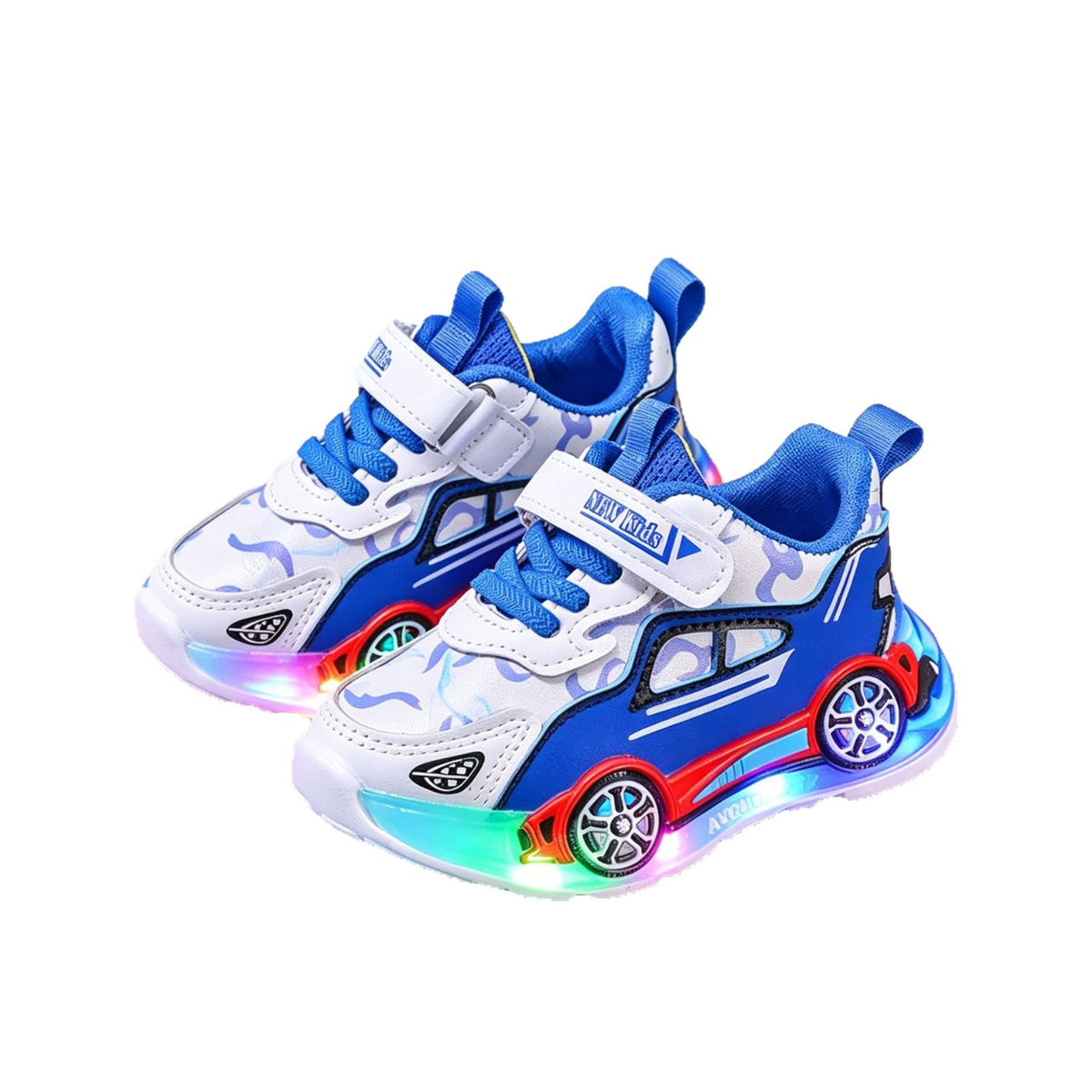 Blue and white sports car kids sneakers with LED sole lights and hook and loop strap on a white background