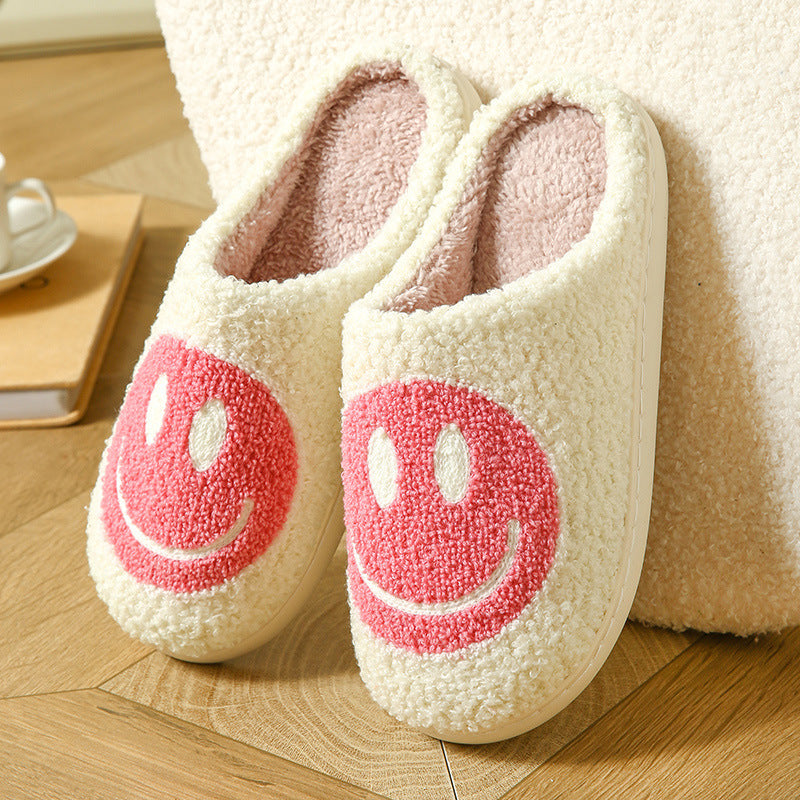 Cream plush slippers with a tufted pink smiley face, size 40-41 option