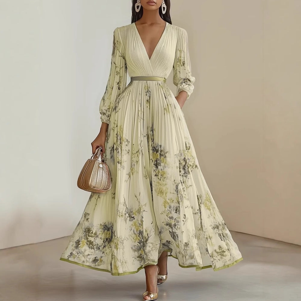Floral V neck pleated maxi dress full pleated A line skirt shown from the front