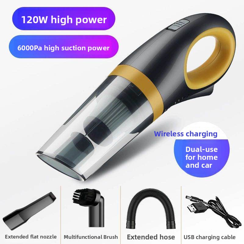 Handheld car vacuum with crevice nozzle and brush head attachments laid out