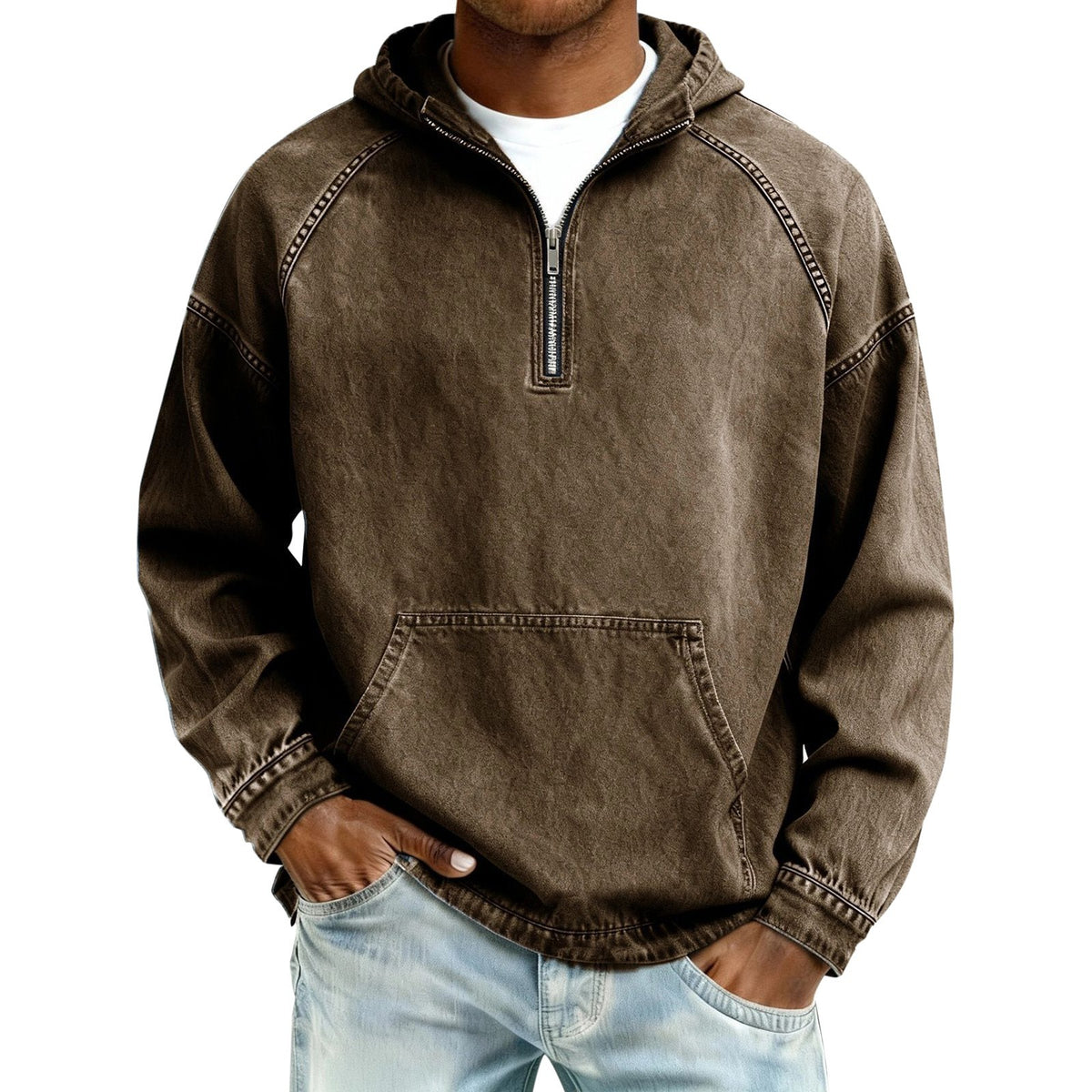 Brown variant, size L: brown washed half zip hoodie on a male model with light jeans
