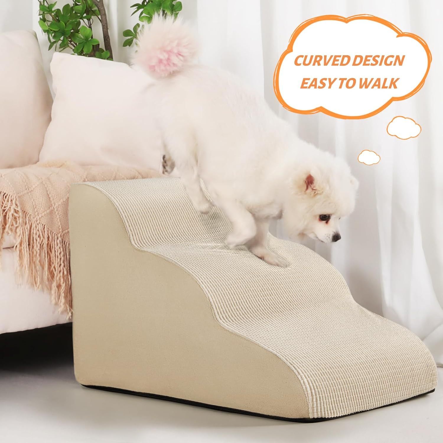 Non slip foam pet stairs shown beside furniture, gentle rise between treads for cats and small dogs