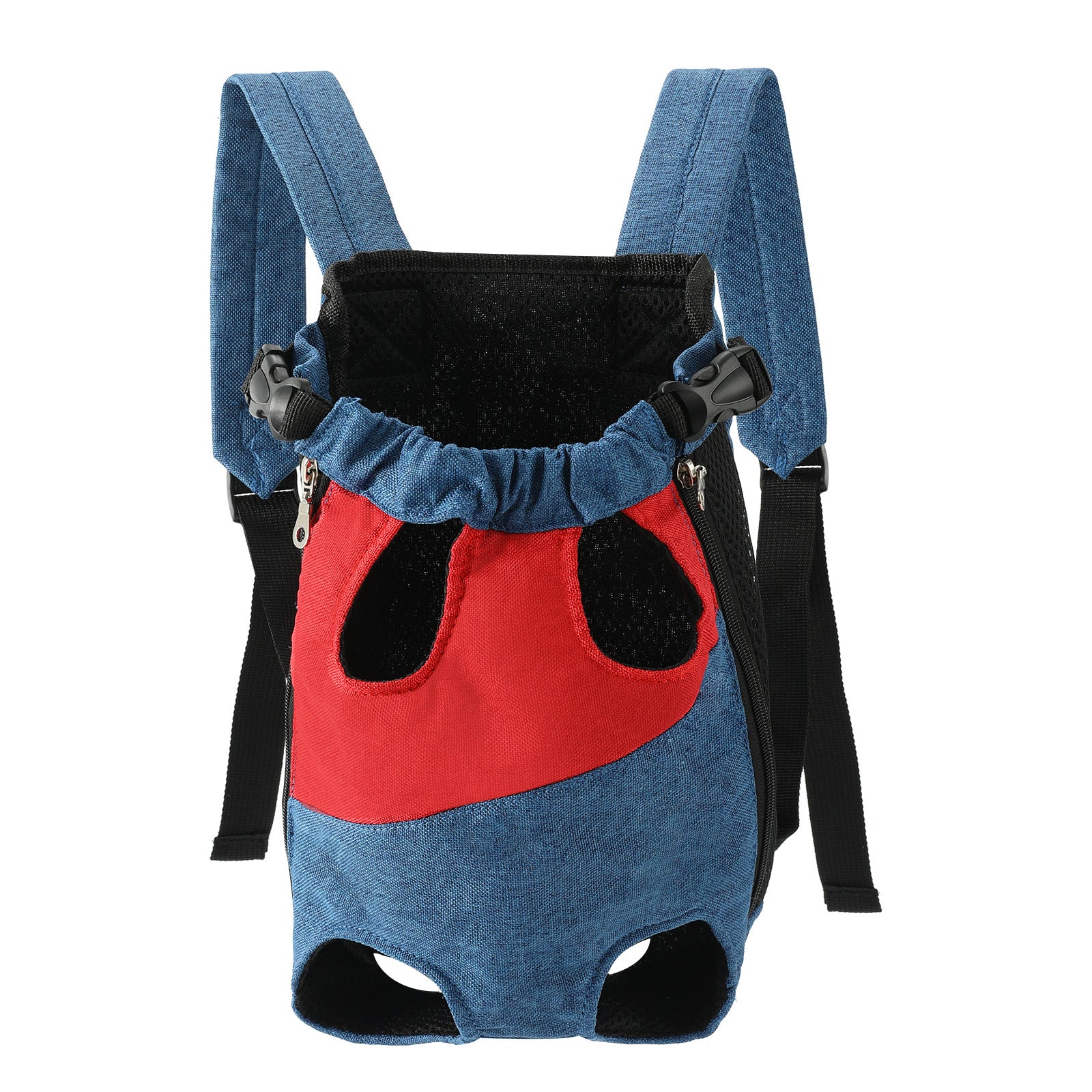 Repeat catalogue view of the denim blue and red canvas pet carrier backpack