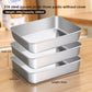 Three steel food trays without lids, labelled 25 by 20 by 5 cm and 2200 ml