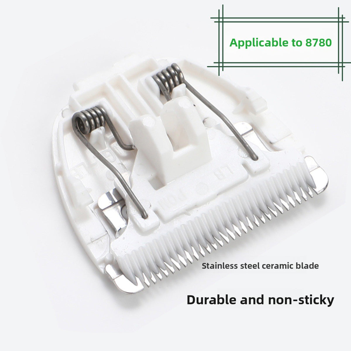 White 30-tooth pet clipper replacement blade head with two spring clips, labeled applicable to 8780