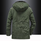 Army green fleece lined hooded parka, back view showing the hood and seams