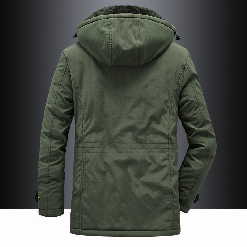 Army green fleece lined hooded parka, back view showing the hood and seams