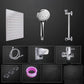 Component layout of the shower kit: panel, handheld, arm, hose, cradle, valve, washers and tape
