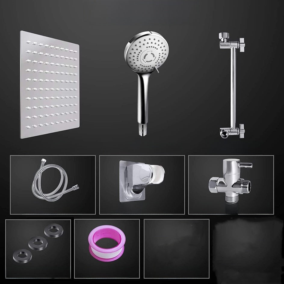 Component layout of the shower kit: panel, handheld, arm, hose, cradle, valve, washers and tape