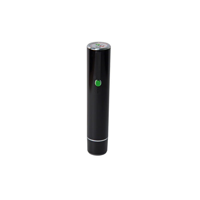 Black handheld vacuum sealer with a green button
