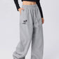 Close view of the soft cotton blend and drawstring elastic waist on wide leg pants