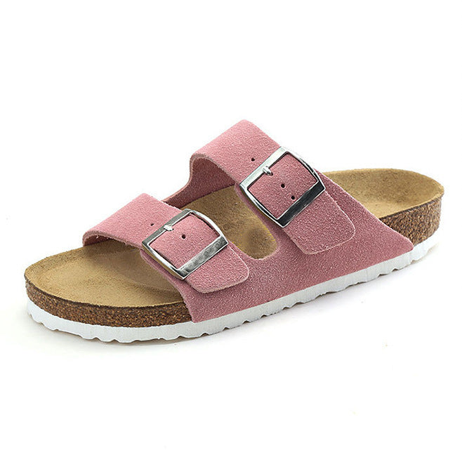 pair of dark brown cork footbed sandals with two buckle straps, front view