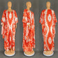 Tie dye V neck kaftan maxi dress with open batwing sleeves shown on a standing model