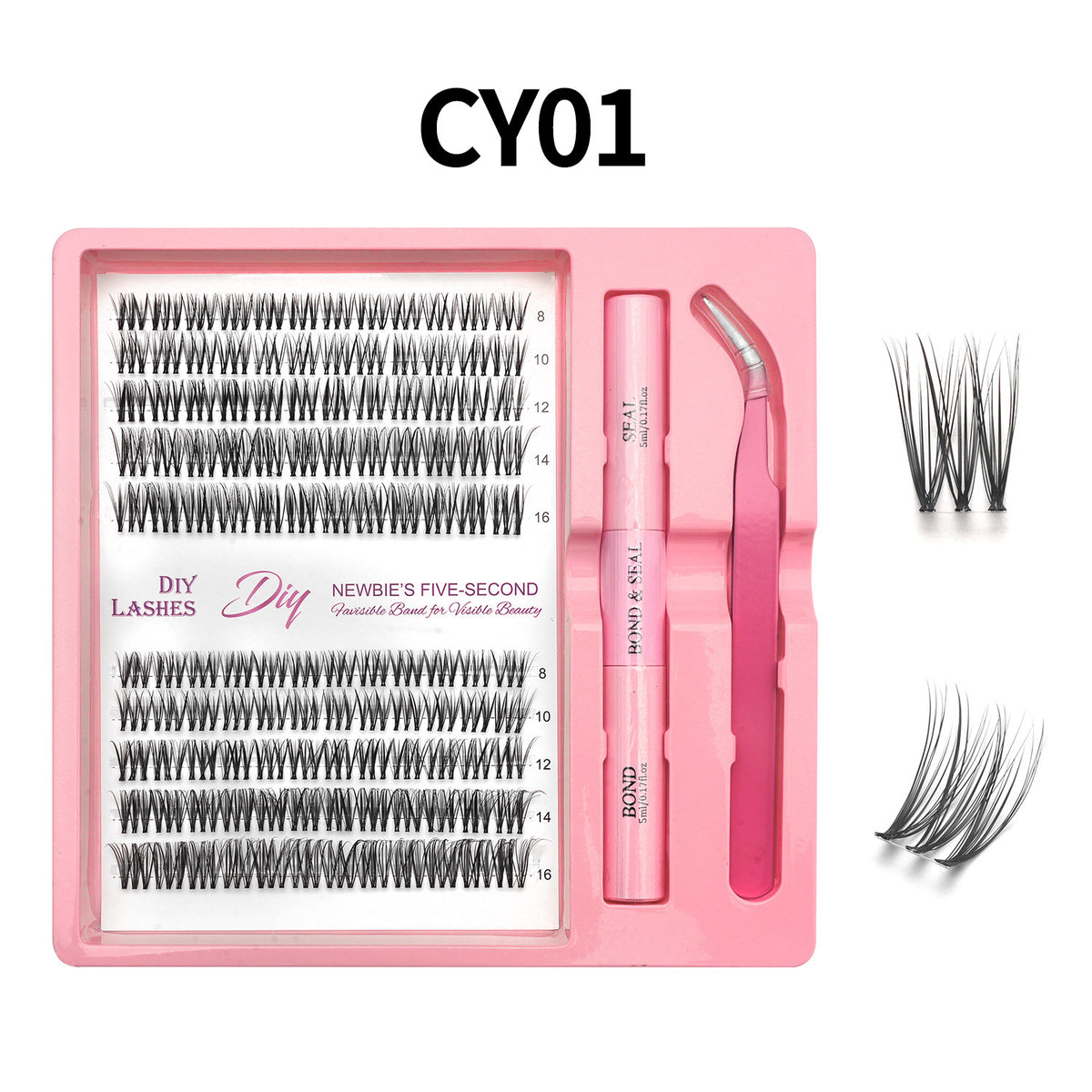 Lash cluster style CY01 in a 10 row tray with dual-ended glue pen, tweezers and a close-up of the cluster shape