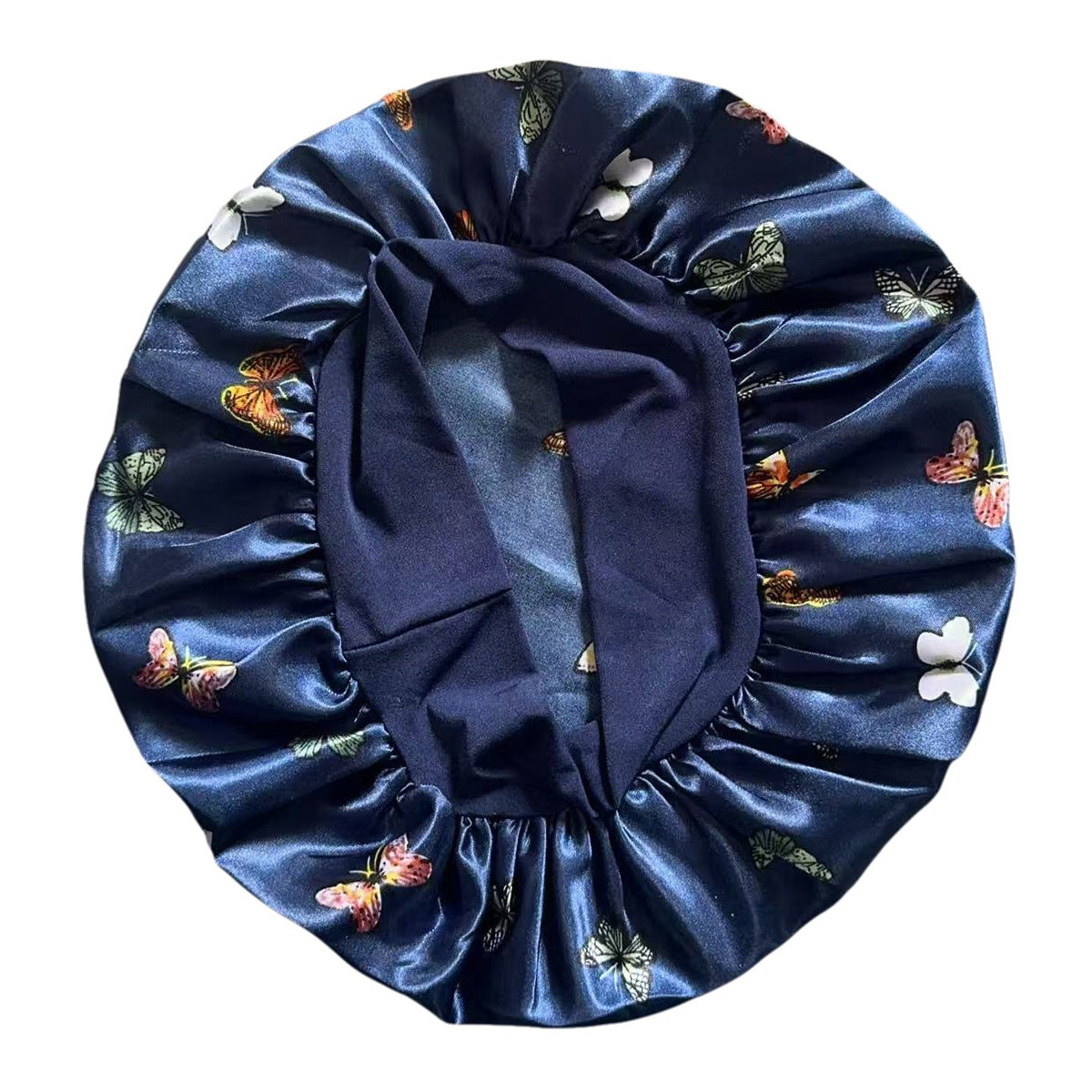 Navy Butterfly Print satin sleep bonnet with ruffled crown and wide elastic band, 30 cm diameter