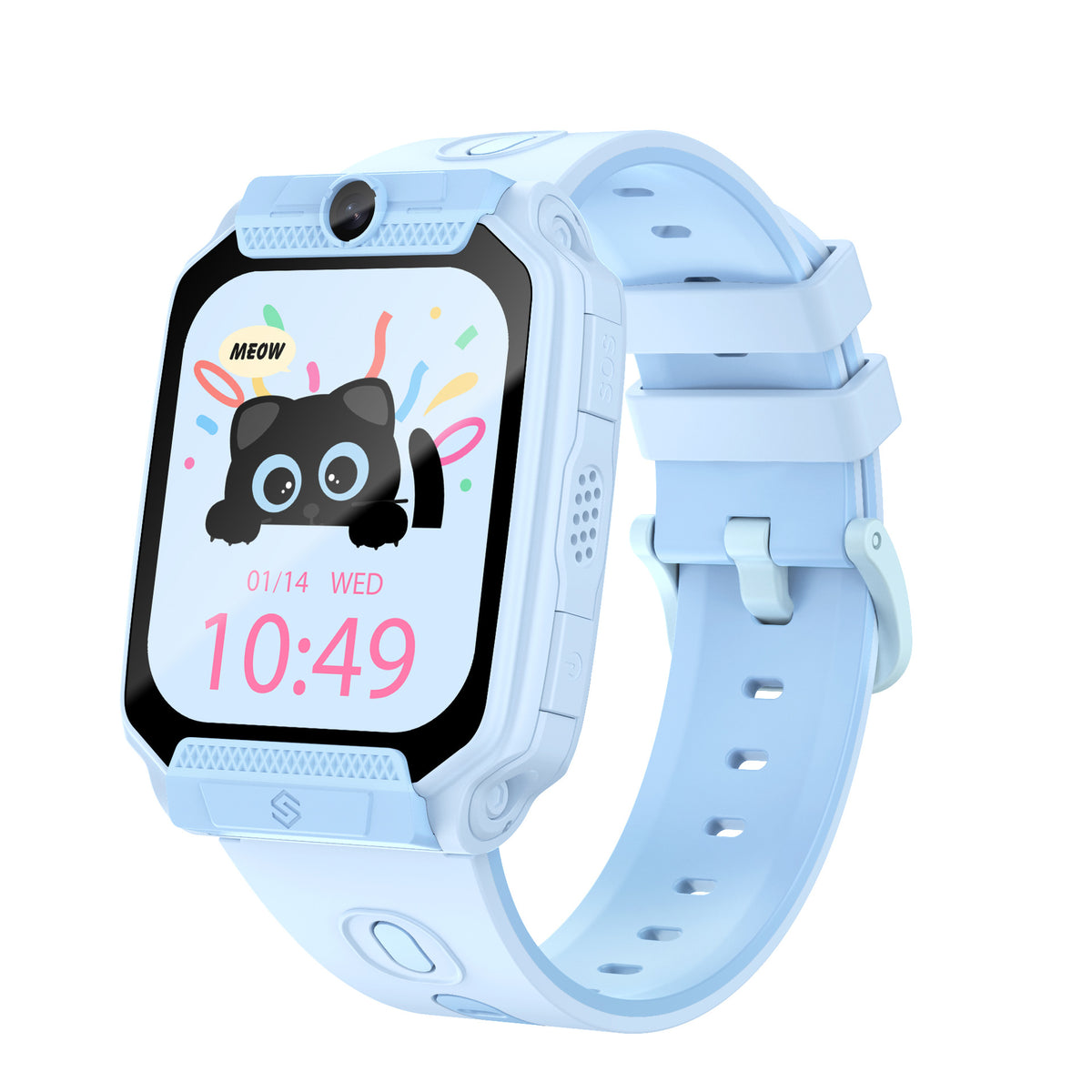Blue kids smart phone watch seen from the side with the strap buckle and side keys, cat watch face
