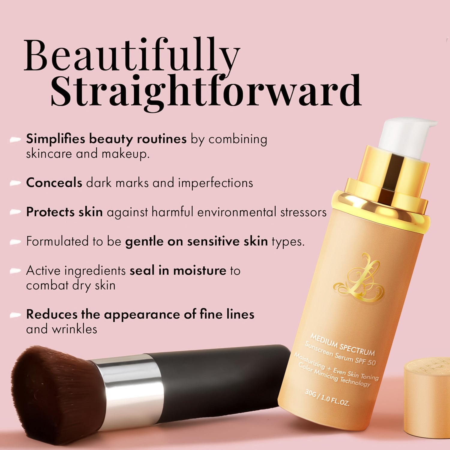 Peach and gold liquid foundation serum bottle lying beside a black kabuki brush on a soft pink marketing panel