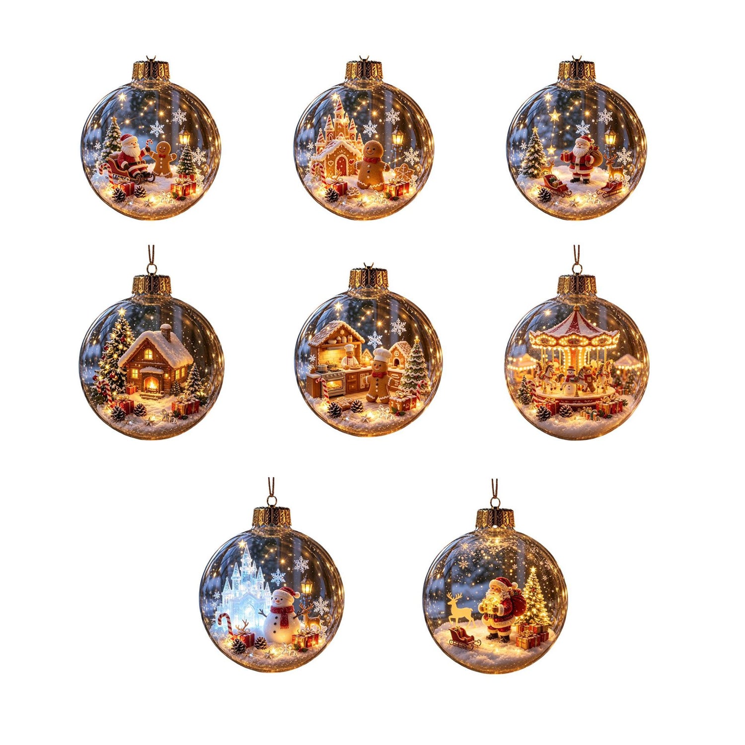 Clear Christmas ornament that catches the tree lights around a printed festive scene