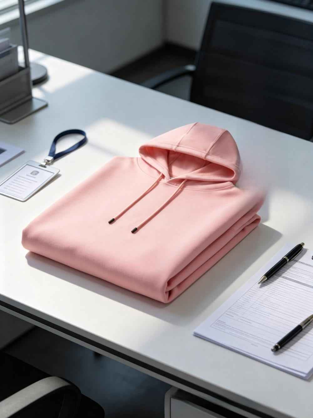 Pink pullover hoodie folded on a white desk with a badge lanyard and pen, a color not among the options