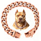 Polished stainless steel Cuban link dog collar shown as a full loop with a snap lock buckle