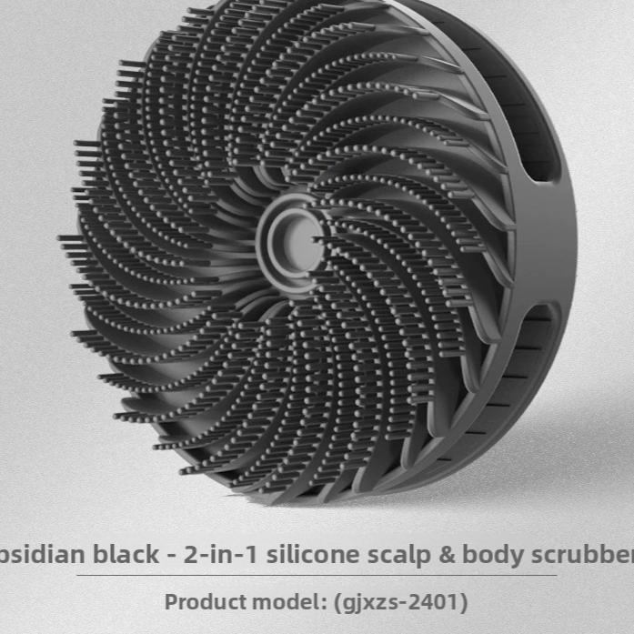 Obsidian black silicone scalp brush with soft swirling bristles and a palm grip