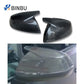 Two carbon fiber side mirror covers above a photo of the cover installed on a gray car door mirror