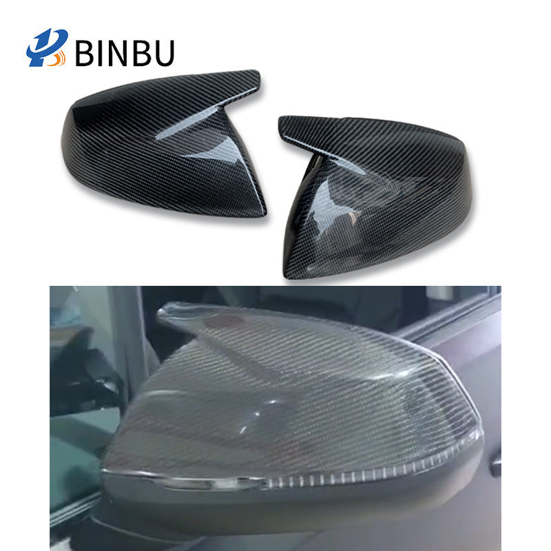 Two carbon fiber side mirror covers above a photo of the cover installed on a gray car door mirror