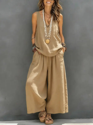 Woman in khaki sleeveless V-neck vest and wide-leg pants two-piece set, full length front view